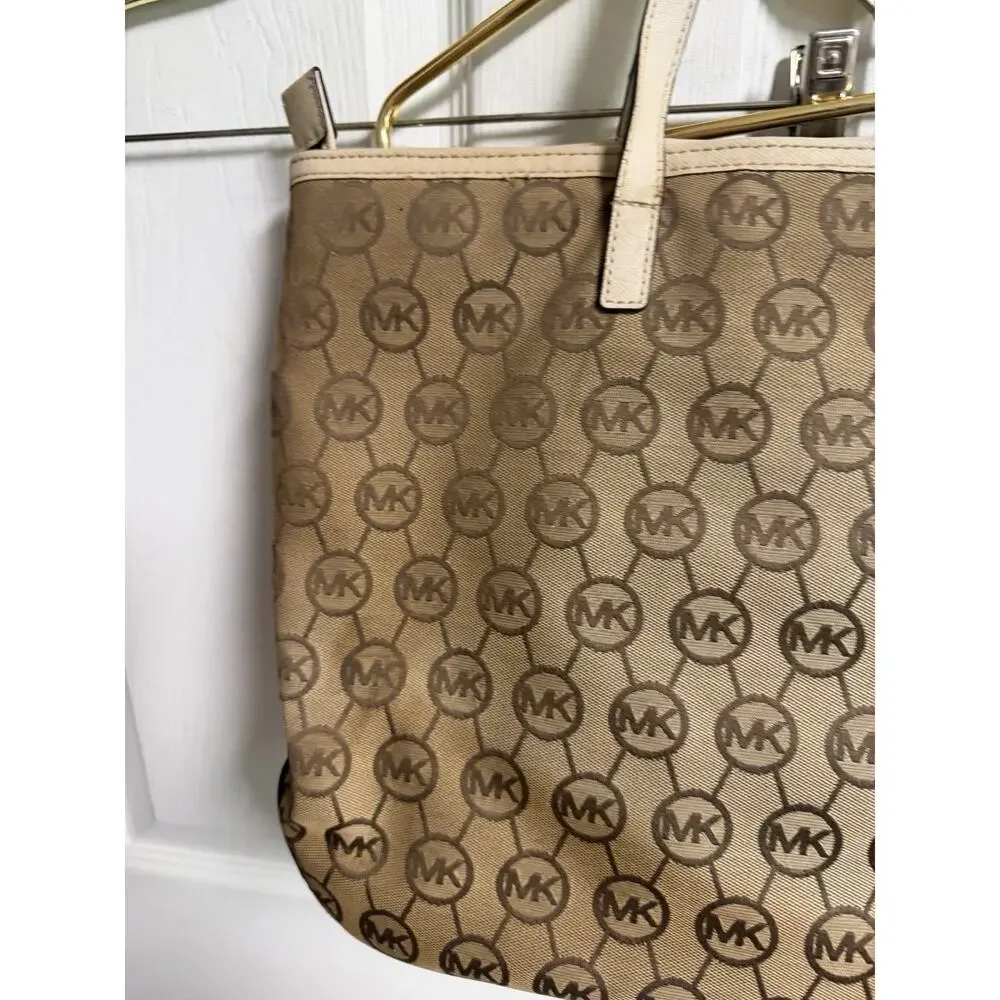 MICHAEL KORS SIGNATURE SHOULDER TOTE GOLDEN ZIPPED WHITE LEATHER TRIM 17x11